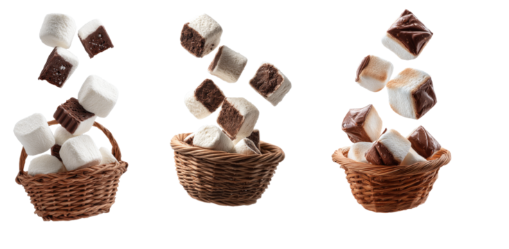 Marshmallows with chocolate in a basket floating on a transparent background