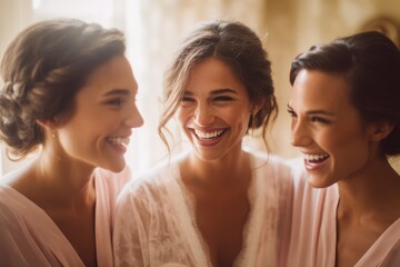 Three Bridesmaids Laughing Together in Soft Light, Representing Friendship and Wedding Day Joy, Perfect for Event Planning and Bridal Services Advertising : Generative AI