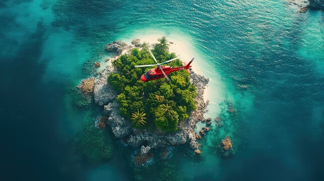 Aerial view of a red helicopter landing on a small tropical island surrounded by vibrant ocean water. Lush green vegetation covers most of the island's landmass - Powered by Adobe