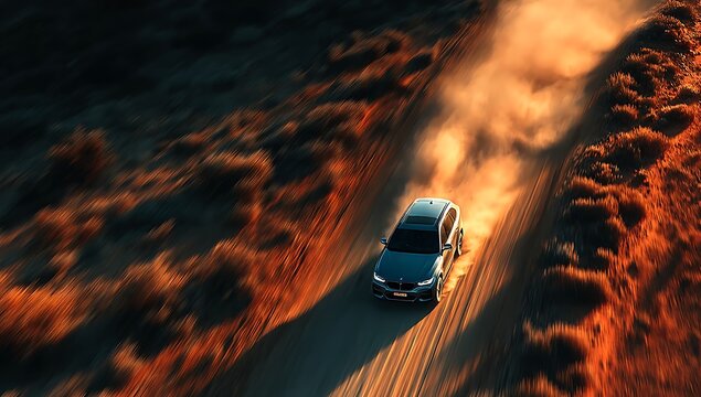 Luxury SUV Driving on a Desert Road at Sunset Aerial View