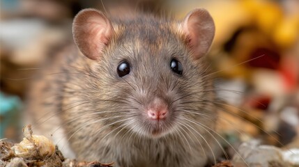 Close-up Portrait of a Brown Rat Looking at the Camera, Studio Shot, Cute Rodent with Whiskers, Indoors