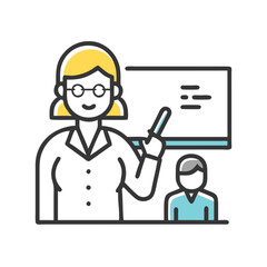 Teacher presenting to student in classroom with blackboard illustration