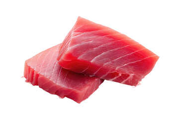 Close up of two pieces of fresh raw tuna steak with a vibrant red color isolated on a black background on transparent background