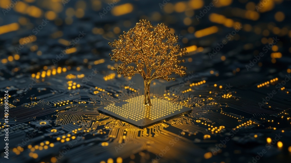 Aufkleber Golden tree growing from a computer chip, symbolizing technological growth and nature's harmony.