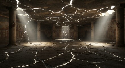 Cracked room with columns and sunlight