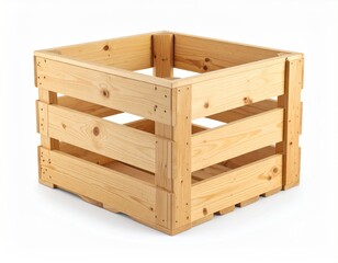 A wooden crate with open sides isolated against a white background.