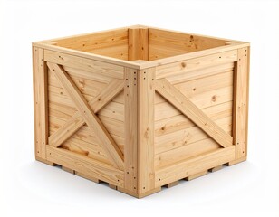 A wooden crate with a crossbuck pattern, crafted from light-colored wood planks.