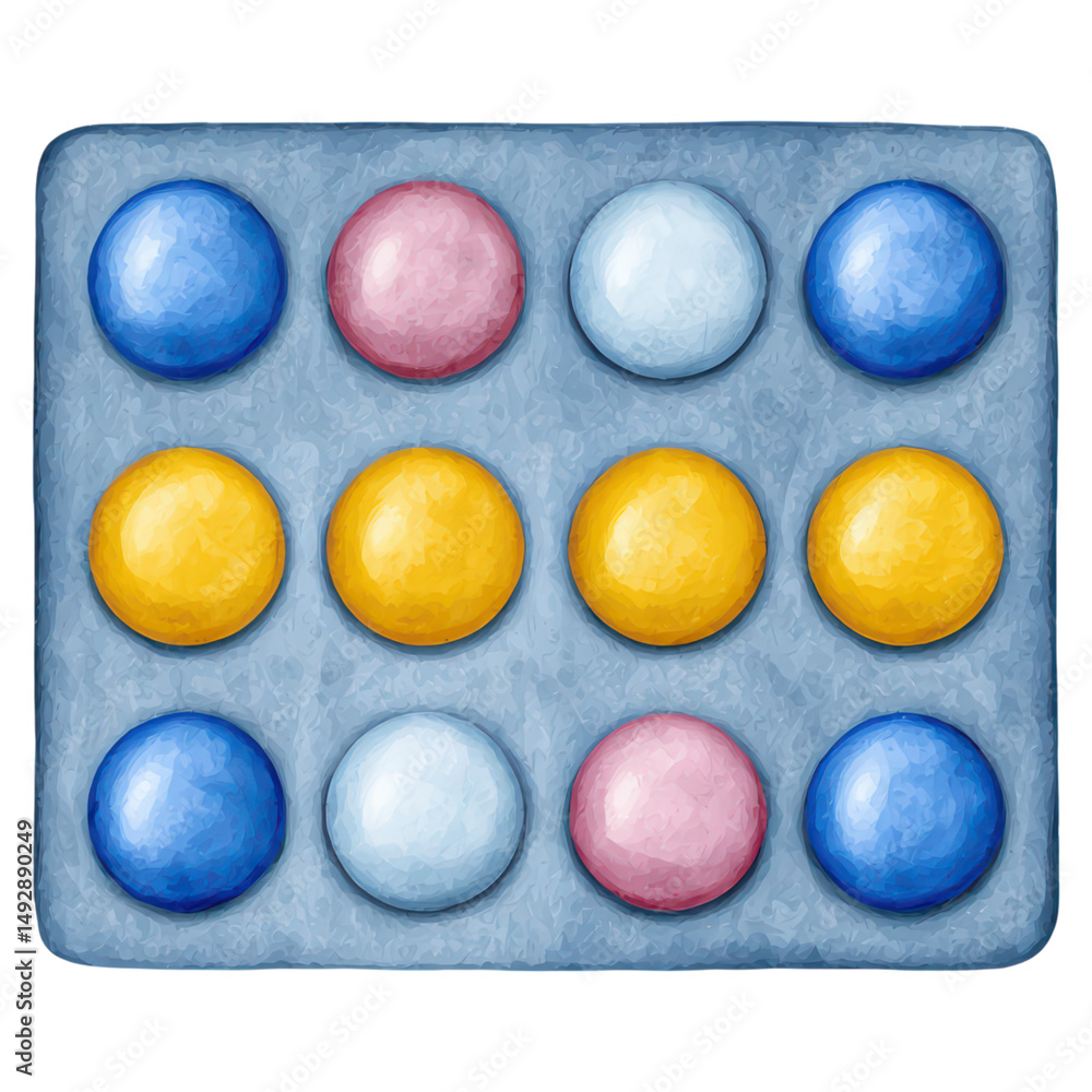 Poster colorful circular shapes arranged on a soft gray background in a grid pattern, isolated on transpare