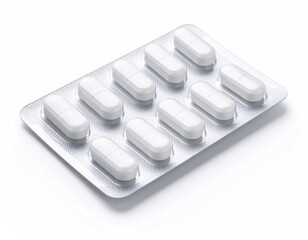Silver blister pack containing ten oval white pills for medicinal purposes.