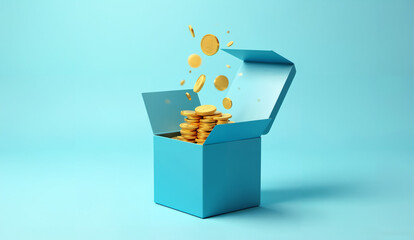 Golden coins spilling out of an open blue box