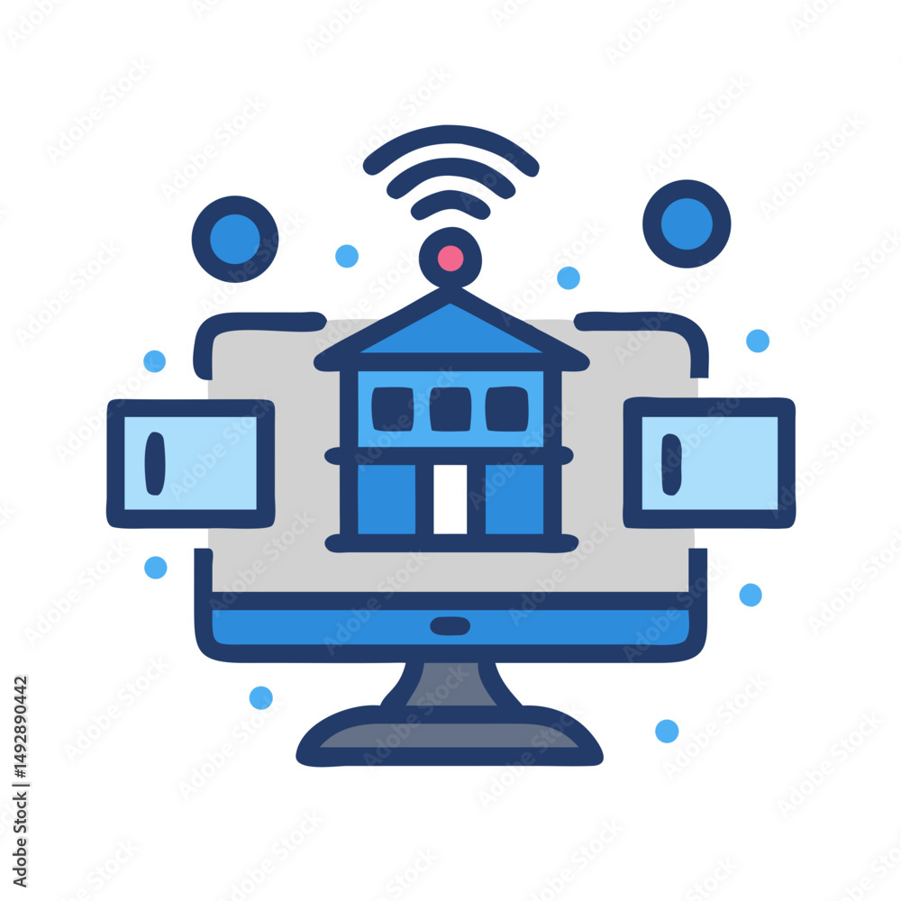Poster online banking icon on computer screen with wifi signal