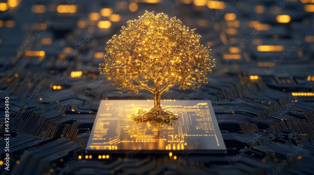 Poster golden tree on a technological circuit board, symbolizing growth and innovation.