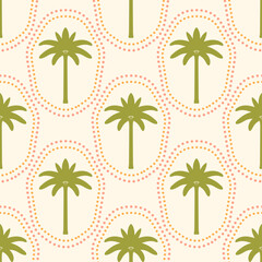 Green palm trees silhouettes vector seamless pattern illustration. Block print tropical plants with rounded frames on light background for fabric, wallpaper. Simple retro summer beach repeat tile