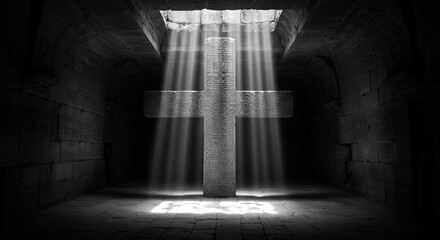Stone Cross Sunlight in Dark Room