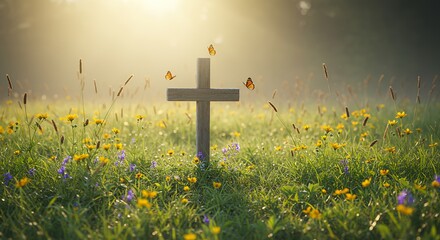 Cross in flower meadow with butterflies
