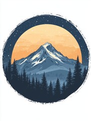 Circular illustration of a snowy mountain peak, nestled in a forest at night.