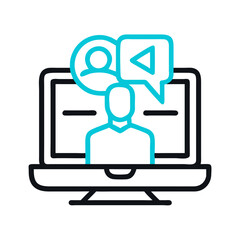 Online communication icon with monitor, person and speech bubble
