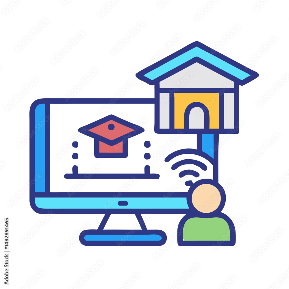 Aufkleber online learning vector illustration using computer and student icon