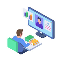 Isometric student participating in online learning and video conference