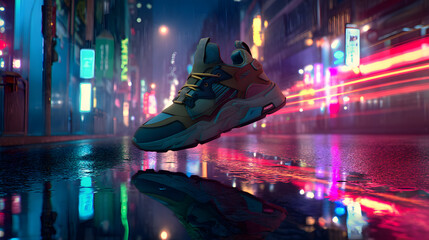 City Sneaker: Dynamic high-angle shot of a lone sneaker in a vibrant urban night scene, its modern design is accentuated by the city's neon lights.
