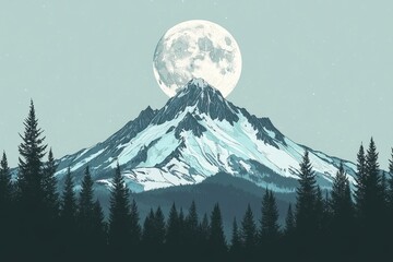Majestic snowy mountain peak under a full moon, framed by dark evergreen trees.