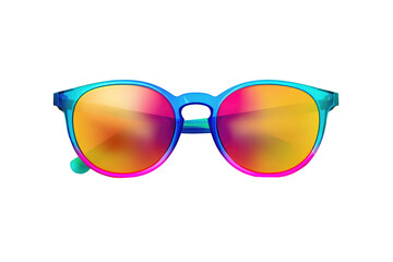 Fototapeta premium A pair of vibrant sunglasses with gradient lenses and a blue and pink frame against a black background on transparent background