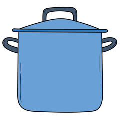 Hand drawn cartoon blue saucepan on white background.