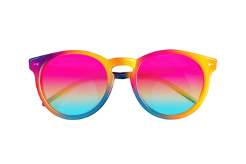 Close up of round framed sunglasses with pink and blue gradient lenses on a black background on transparent background