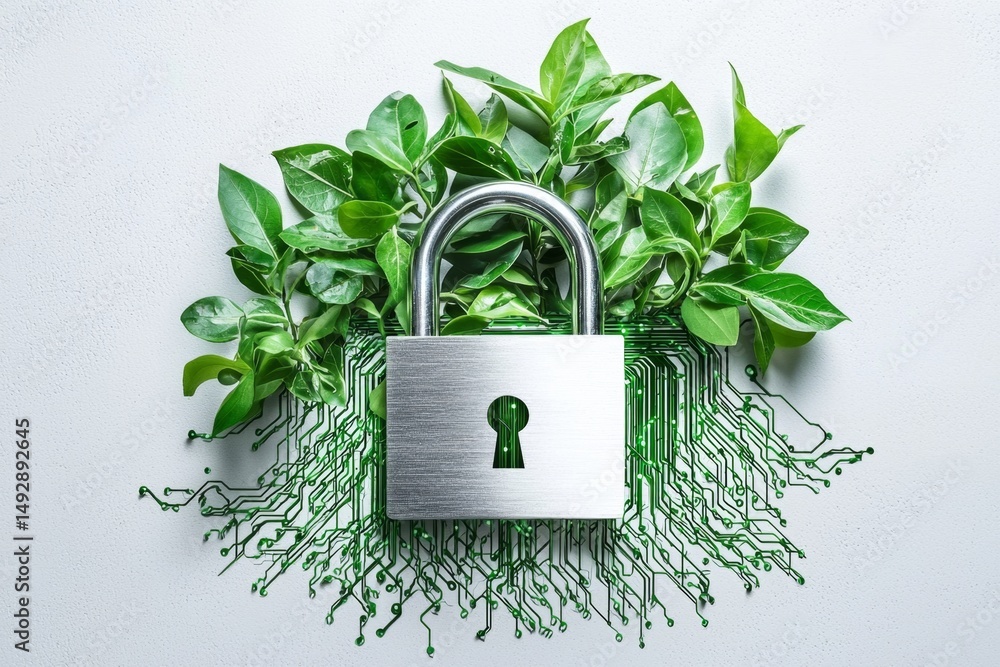 Poster digital roots entwined with a padlock highlight innovative security concepts.