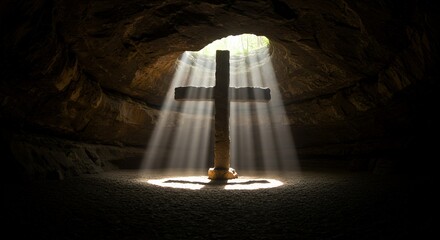 Cross in cave with light beams