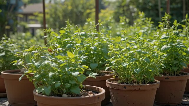 Potted herbs under natural sunlight