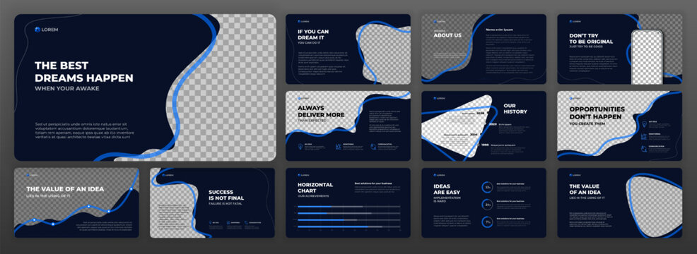 Creative Powerpoint presentation template. Modern Keynote presentation background, brochure cover design, pitch deck, proposal, agenda, annual report, Google slides, company profile, brand guidelines.