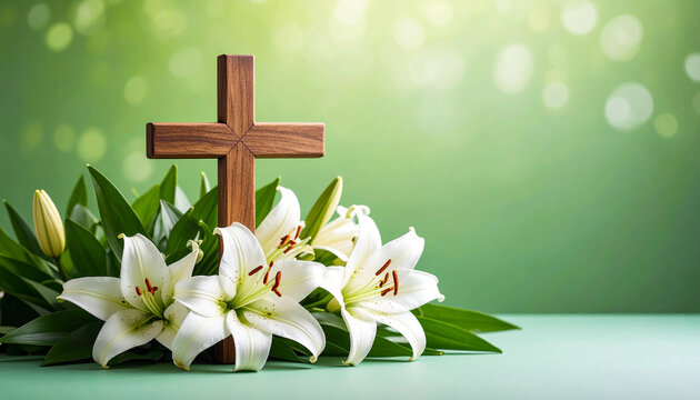 Wooden cross and white lilies on green. Christian symbol of faith. Peaceful religious theme - Powered by Adobe