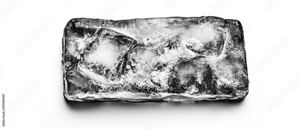 Poster close up of ice block with cubes inside on white background studio shot overhead view