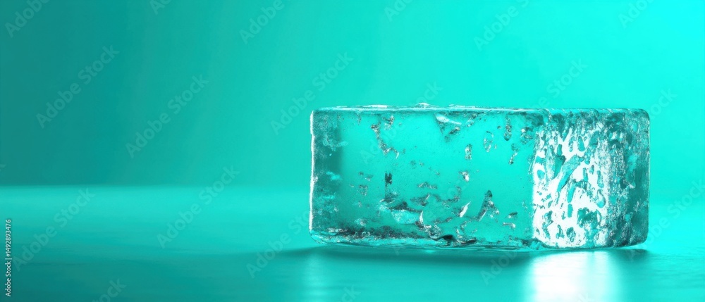 Poster close-up of a single ice cube melting on a reflective surface in studio lighting with a turquoise ba