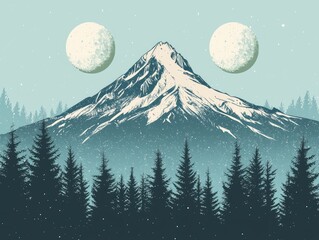 Majestic snow-capped peak amidst a tranquil forest under two celestial bodies.