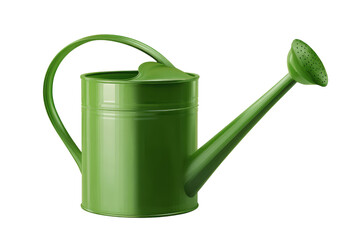 A green metal watering can with a long spout and a handle on a black background in a studio shot on transparent background