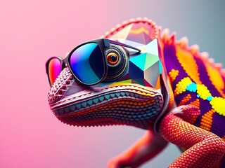 A faceted, low-poly chameleon graphic with reflective sunglasses sits against a vibrant, gradient color background, creating a modern, abstract design.
