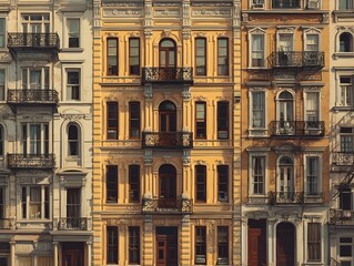 Naklejka premium Discover Charming Urban Living in a Cream-Colored Townhouse Row Captured from a Perfect Frontal Perspective