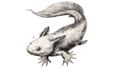 Axolotl Swimming Forward, Vintage Amphibian Drawing, Rustic Nature Wall Art, Hand-drawn Black Sketch, Old Engraving Style, Antique Wildlife Illustration, Black and White Amphibian Art