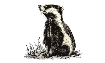 Badger Sitting Upright, Antique Wildlife Print, Black Sketch Effect, Rustic Decor Art, Vintage Forest Animal Drawing, Hand-drawn Illustration in Old Engraving Style, Nature Illustration