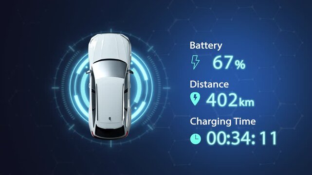 Electric Vehicle battery charging Dashboard Interface with Top view electric car charging battery vector design concept. EV charging design for Electric Car, EV station, ui, clean energy