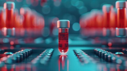 Scientific research displaying red liquid testing within high tech laboratory glassware