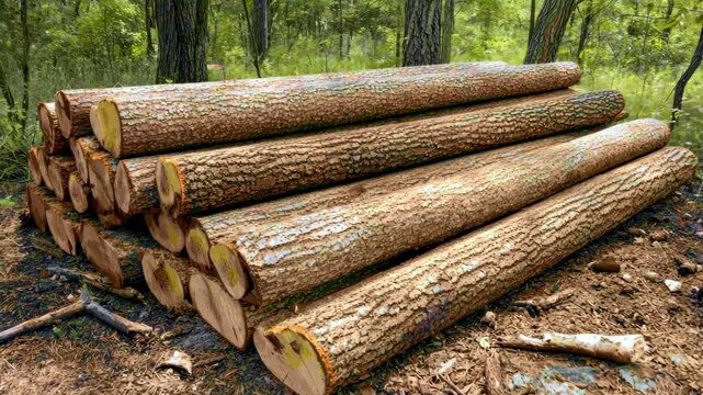 pile of freshly cut logs stacked outdoors in forest clearing shows timber harvest background