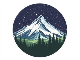 Snowy mountain peak, framed by a forest, under a night sky.