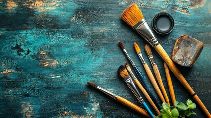 Assorted paintbrushes, inkwell, and palette on textured surface - Powered by Adobe