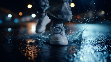 Embracing the Rain: A pair of shoes strides confidently through a glistening puddle in the night, water erupting in a captivating display.