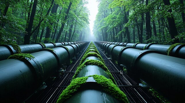 gas compressor station surrounded by fog-covered forest, cold blue-grey lighting, heavy concrete symmetry, silent atmosphere, overgrown moss on side panels, blending built and organic forms