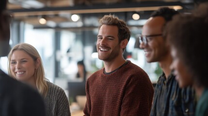 Diverse Group of Professionals Smiling During Meeting in Modern Office, Illustrating Collaboration and Teamwork for Corporate Communications and Recruitment Campaigns : Generative AI