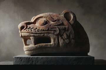 Intricately Carved Stone Jaguar Head